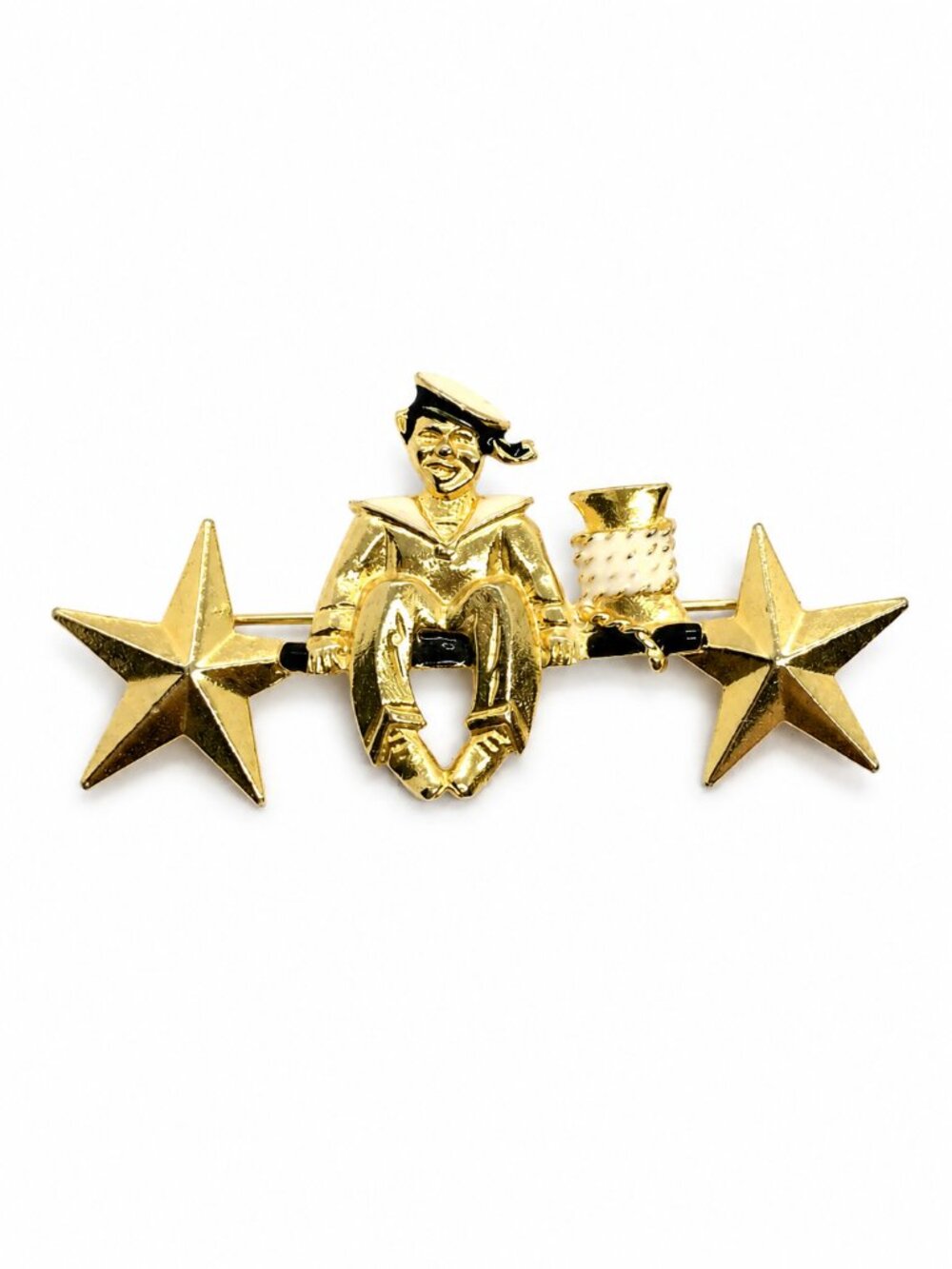 VINTAGE SAILOR BROOCH Gold Tone Navy Stars Nautical Military Patriotic Pin